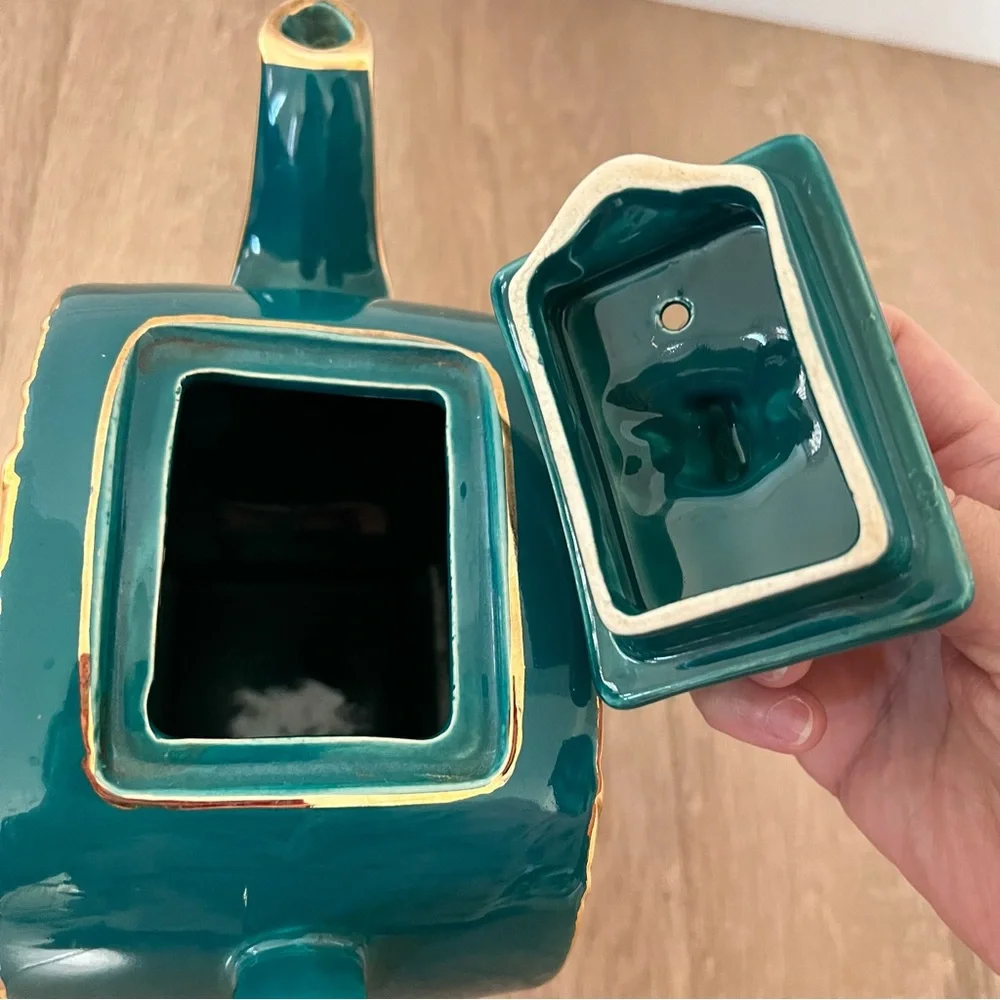 Rare 1930s Sadler England 1729 II Cube Teapot Green‎ With Gold Flower Vintage
